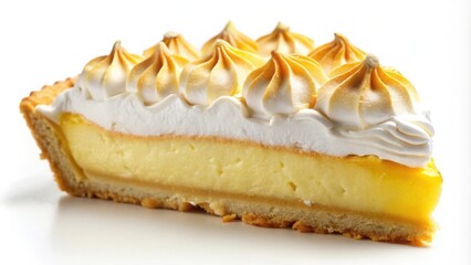 A slice of lemon meringue pie with a flaky crust and a fluffy meringue topping.