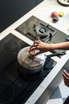 Cooking Healthy Meal on Modern Induction Cooktop
