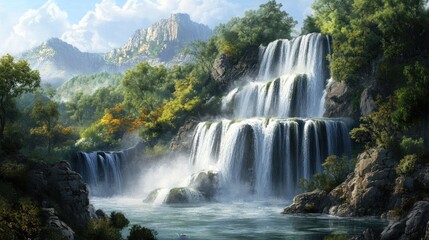 Naklejka premium Majestic Waterfall in Lush Mountains