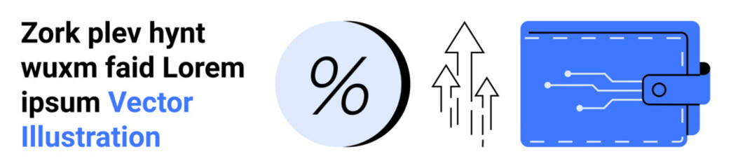 Digital wallet with circuits, percentage sign in a circle, and upward arrows. Ideal for finance, investment, tech, fintech, savings, digital transactions, and e-commerce. Landing page