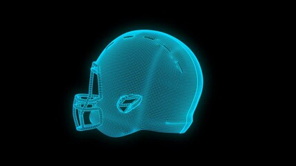 looping 360 degree rotation of glowing wireframe 3d american football helmet on alpha channel, ideal for sports equipment promotions and commercial ads