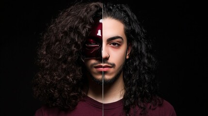 A young man with long curly hair stares intently at the camera, his face partially obscured by a red mask.