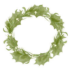 Christmas Frame Wreath with Holly Leaves, Mistletoe Branches and Berries, Fir Branches, Copy Space Watercolor Digital Illustration, Holiday Banner Composition for Winter Holiday Printing and Web 