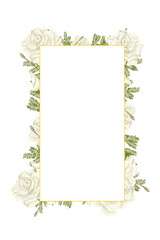 Christmas Frame with Fir Tree Branches, White Roses, Gold Border, Copy Space Watercolor Digital Illustration, Holiday Banner Composition for Winter Holiday Printing and Web Design