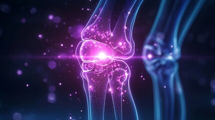 Detailed X-ray of knee joint anatomy with glowing holographic signs of osteoarthritis, realistic bone textures, cartilage thinning showcased