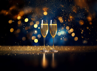 Two champagne flutes filled with sparkling wine sit on a table with a glittering gold surface and an out of focus background of sparkling lights.