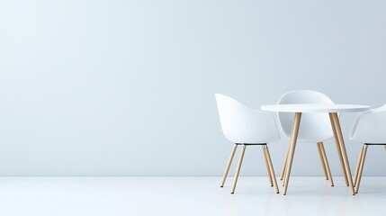 Minimalist white round table with three chairs, isolated on white, showcasing sleek design for modern furniture ads