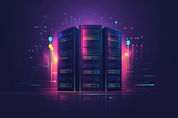 Multiple servers glow with blinking indicators, showcasing active data processing amidst a dark, high-tech environment. Generative AI