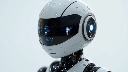 Close-up of a White Futuristic Robot Head with Glowing Blue Visor
