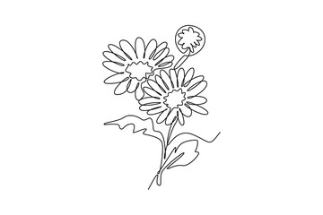 Single continuous line drawing of beauty fresh bellis perennis for wall decor art poster. Printable decorative daisy flower concept for fabric textile. One line draw graphic design vector illustration © onetime