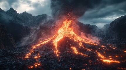 A volcanic eruption with lava flowing down the mountainside, smoke and ash billowing into the sky.