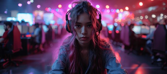 Fototapeta premium Professional E-Sports Competition Event with Live Gaming Action and Skilled Players in High-Resolution Photography on Cinematic Stage