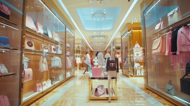 Interior of high-end women's fashion clothing and accessories store, AI generated image