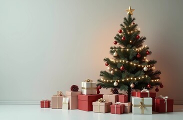 Christmas gifts under the tree on a light background with space for text. New Year tree with New Year's gifts.