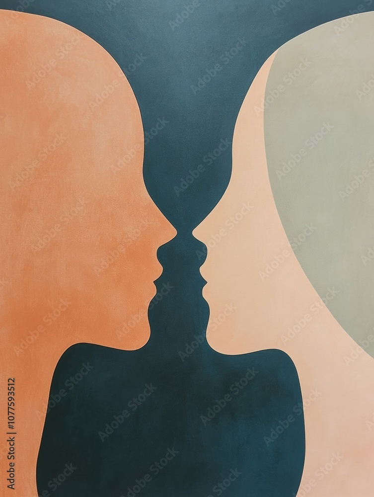 Aufkleber The artwork features abstract silhouettes of two faces in soft pastel tones, representing the themes of communication and empathy. Generative AI