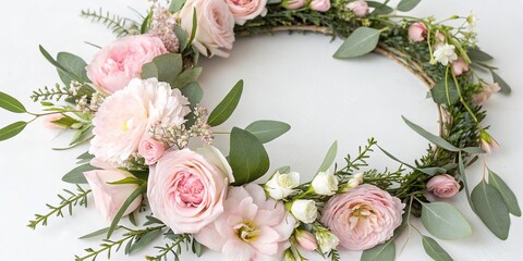 Pastel pink floral wreath with delicate flowers and greenery, decorative wreath, interior design, flowers, garden, floral arrangement