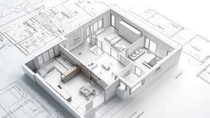 3D architectural model of a modern house layout.