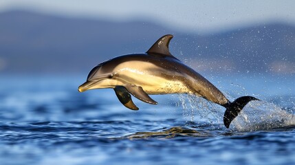 Obraz premium Playful dolphin in flight above sea, sparkling ocean backdrop, dynamic sunlight