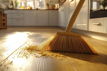 broom sweeping up dust in a modern kitchen