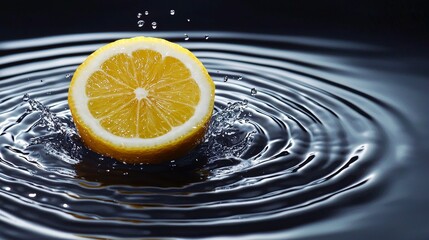 Vivid shot of a lemon half splashing into black water, droplets and ripples, morning zest feel, bright citrus color standing out in darkness