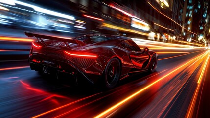 High-energy shot, red car racing, light streaks and blur emphasizing speed, city backdrop