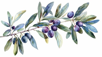 Watercolor Painting of an Olive Branch with Ripe Olives
