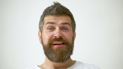 Man laugh Facial Emotions. Male Character, laugh, Shocked Emotions Expression. Studio close up portrait of bearded man with laugh facial expression. Laugh surprised excited Emotion.