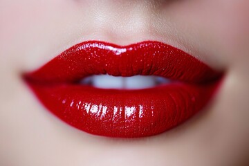 Obraz premium Closeup of Red Lips with Glossy Finish Beauty Makeup Fashion Cosmetics