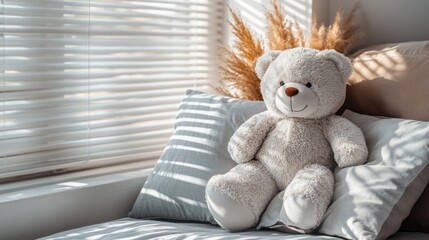 Gray teddy bear leaning against a pile of pillows in a cozy corner of the room generative ai