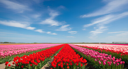 Fototapeta premium A vibrant field of red, pink, and white tulips stretching under a clear blue sky.