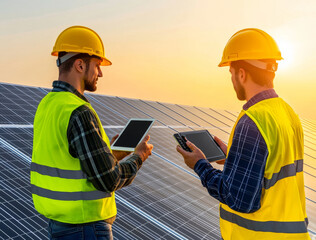 Obraz premium Engineers monitor solar energy systems using tablets for enhanced efficiency and data analysis
