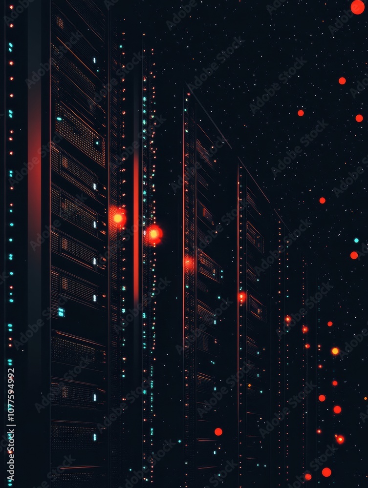 Fototapete rows of servers with blinking indicators light up a dark room, highlighting the bustling activity of