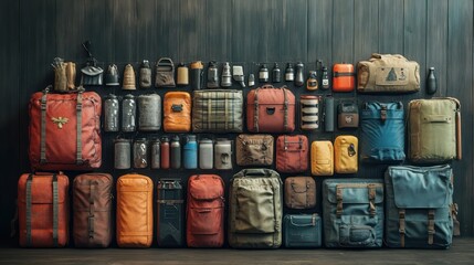 Various travel bags and gear arranged on a wooden background.