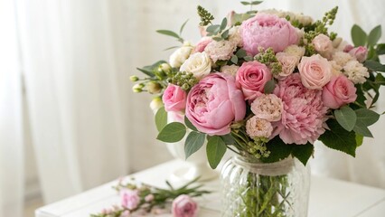 Pink peonies and roses in a vase filled with fresh greenery, against a soft white or cream background, living room decor, floral arrangement