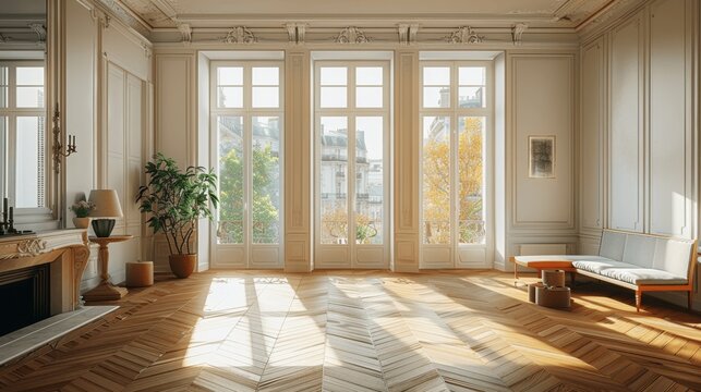 Vintage Parisian Apartment with White Walls, Parquet Floor, and Large Windows