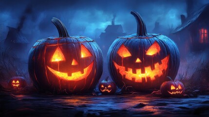 Two glowing jack-o'-lanterns amidst a spooky Halloween backdrop.