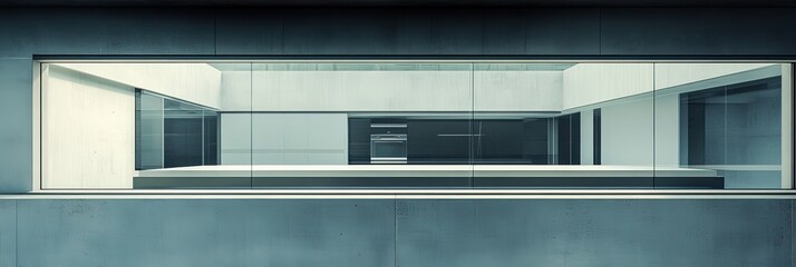 A view of a modern building's interior through a large window.