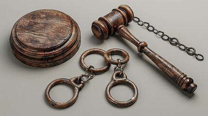 Wooden gavel, sound block, and metal handcuffs on a gray background.