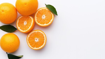 Fresh whole and halved oranges with green leaves on a white background showcasing vibrant citrus fruit presentation.