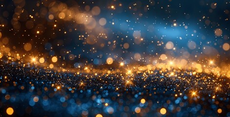 Fototapeta premium Blue and Gold Abstract Background with Glittering Particles and Bokeh Lights for Christmas and New Year