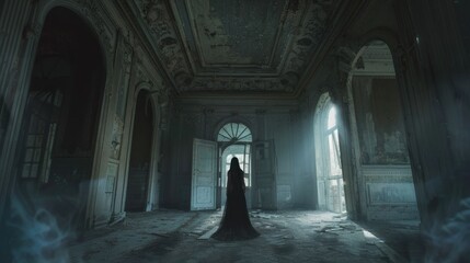 Female ghost walking in old abandoned building, AI generated image