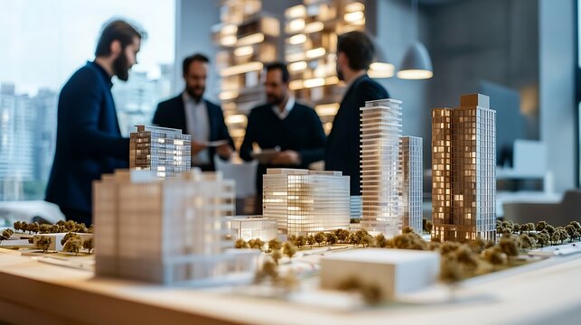 Real Estate Business Meeting Real estate developers discussing new project in an American urban setting with architectural models and financial plans on the table