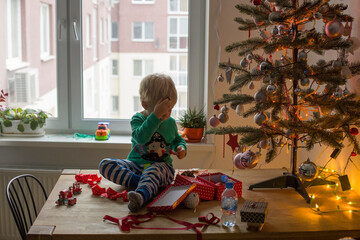 Boy hang ornaments to Christmas tree