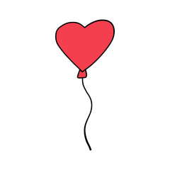 Air balloon in shape of red heart in doodle style isolated on white. Hand drawn cute heart air balloon for Valentine's Day and weddings. Use air balloon for celebrating love and special moments