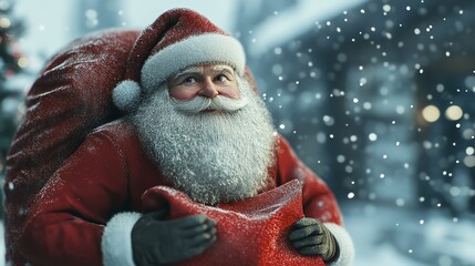 "Santa_Claus_with_a_huge_bag_delivering_gifts_at_snow_fall._M"