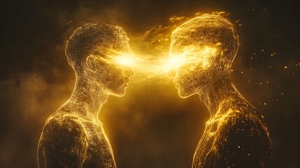 Two glowing golden figures facing each other, energy pulses between them, symbolizing intellectual enlightenment and the exchange of profound thoughts, futuristic neon backdrop
