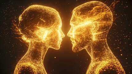 Two glowing golden figures facing each other, energy pulses between them, symbolizing intellectual enlightenment and the exchange of profound thoughts, futuristic neon backdrop