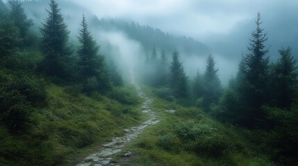 Obraz premium Misty forest path winding through lush greenery and trees.