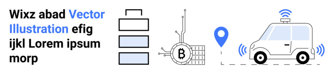 Abstract blockchain with data blocks, Bitcoin symbol, GPS pin, and autonomous vehicle with wireless signals. Ideal for fintech, blockchain, cryptocurrency, autonomous vehicles, GPS technology, tech