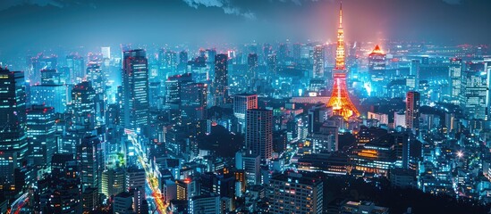 Fototapeta premium Tokyo Skyline at Night with Tower and City Lights